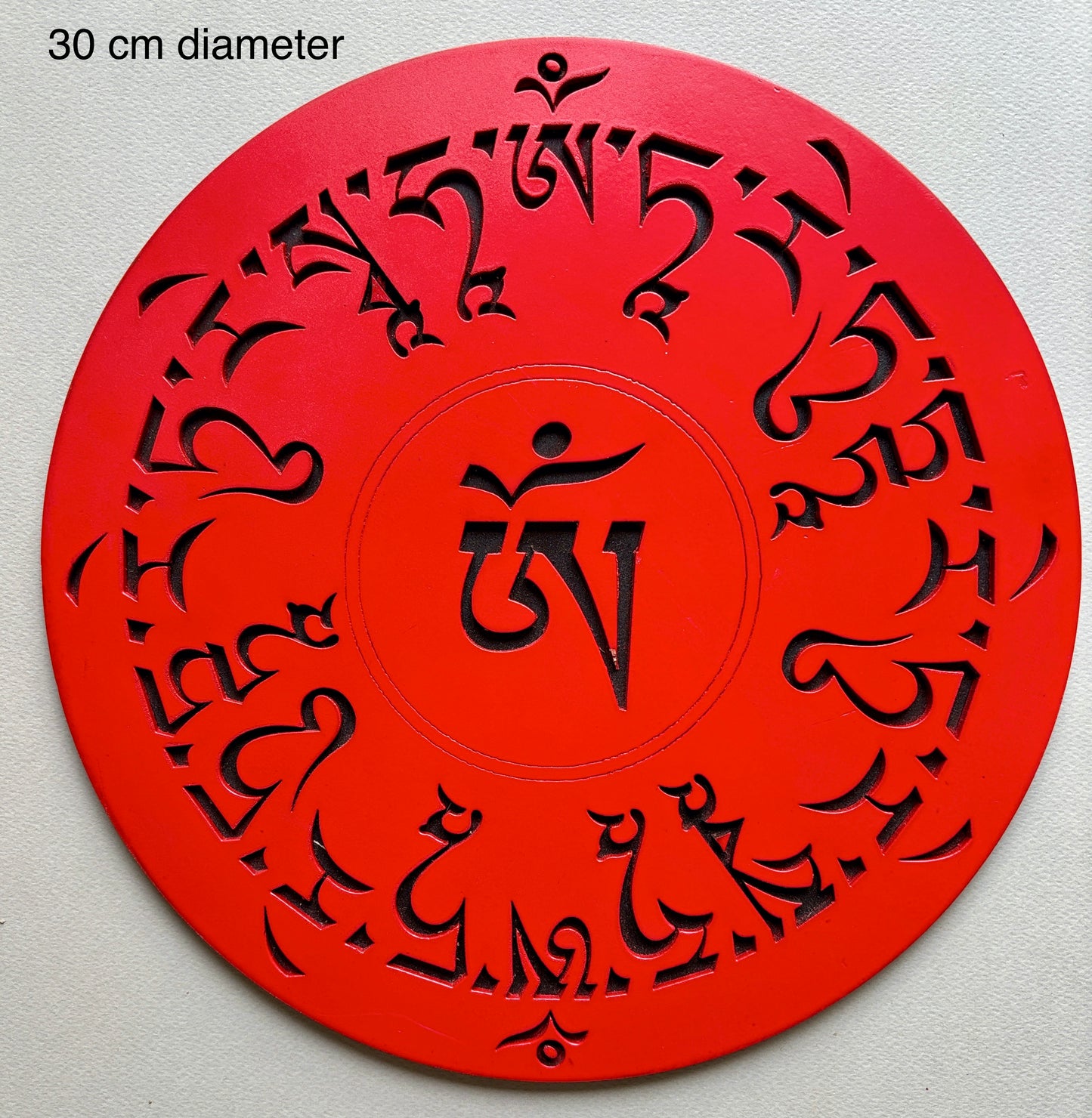RED MANDALA WOODEN 30CM WITH THE SACRED MANTRA IN TIBETAN TEXT - A SYMBOL OF EASTERN SPIRITUALITY AND MYSTICISM GREAT GIFT FOR MEDITATION OR YOGA LOVERS