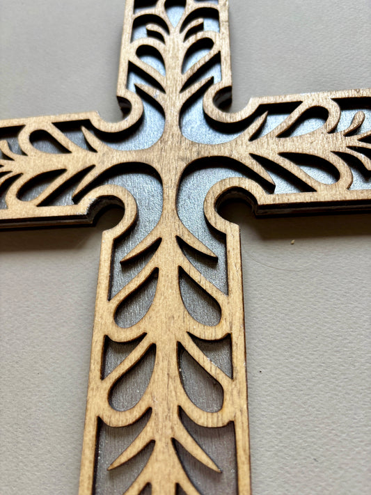 FEATHER STYLE HAND CRAFTED CARVED/LAYERED WOODEN CROSS