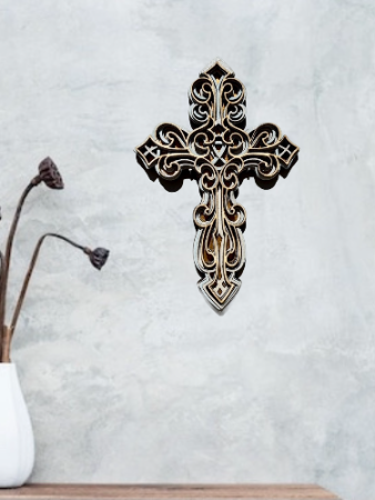 HAND CRAFTED CARVED/LAYERED WOODEN CROSS FRENCH STYLE. 22cm