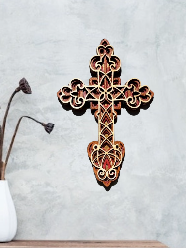 ROMANESQUE CROSS, HAND CRAFTED WOODEN CARVED/LAYERED CROSS 30cm