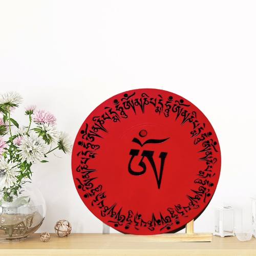 RED MANDALA WOODEN 30CM WITH THE SACRED MANTRA IN TIBETAN TEXT - A SYMBOL OF EASTERN SPIRITUALITY AND MYSTICISM GREAT GIFT FOR MEDITATION OR YOGA LOVERS