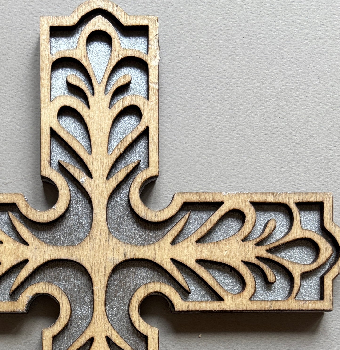 FEATHER STYLE HAND CRAFTED CARVED/LAYERED WOODEN CROSS