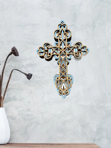 ROMANESQUE CROSS, HAND CRAFTED WOODEN CARVED/LAYERED CROSS 30cm