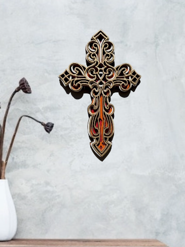 HAND CRAFTED CARVED/LAYERED WOODEN CROSS FRENCH STYLE. 22cm
