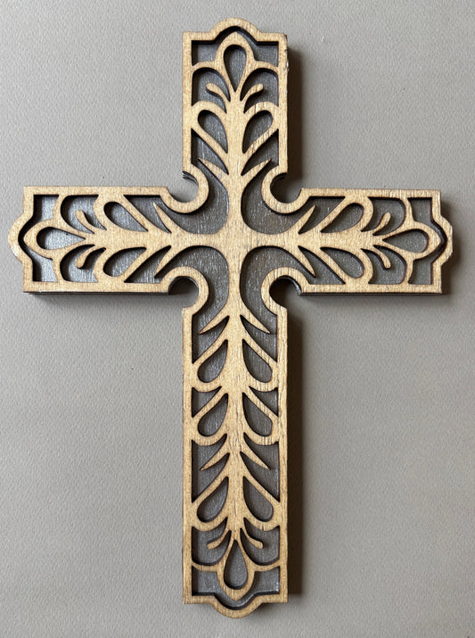 FEATHER STYLE HAND CRAFTED CARVED/LAYERED WOODEN CROSS