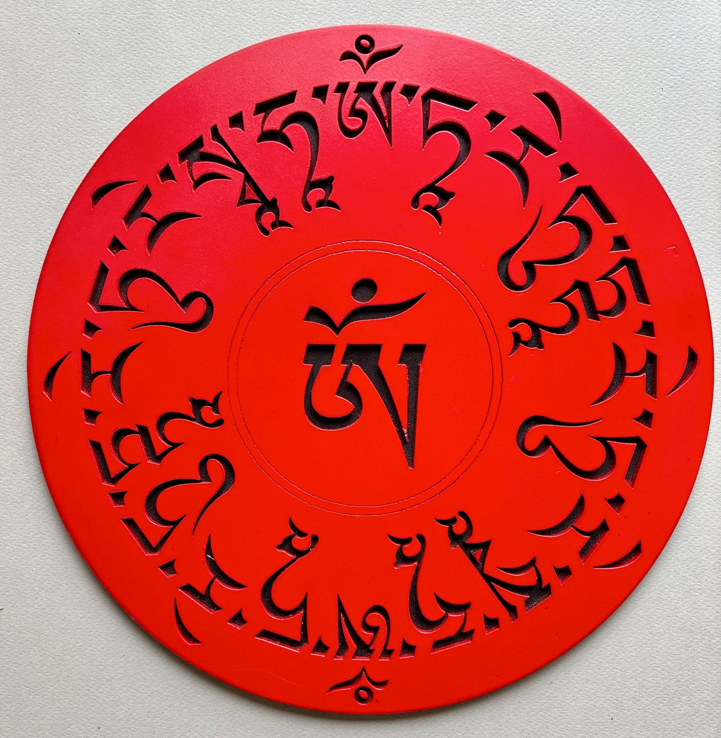 RED MANDALA WOODEN 30CM WITH THE SACRED MANTRA IN TIBETAN TEXT - A SYMBOL OF EASTERN SPIRITUALITY AND MYSTICISM GREAT GIFT FOR MEDITATION OR YOGA LOVERS