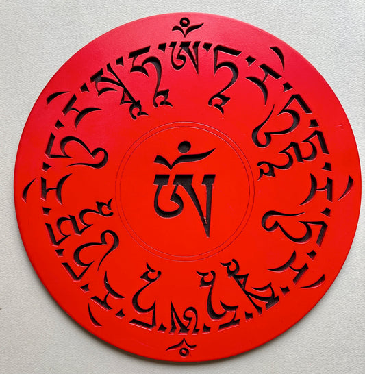 RED MANDALA WOODEN 30CM WITH THE SACRED MANTRA IN TIBETAN TEXT - A SYMBOL OF EASTERN SPIRITUALITY AND MYSTICISM GREAT GIFT FOR MEDITATION OR YOGA LOVERS