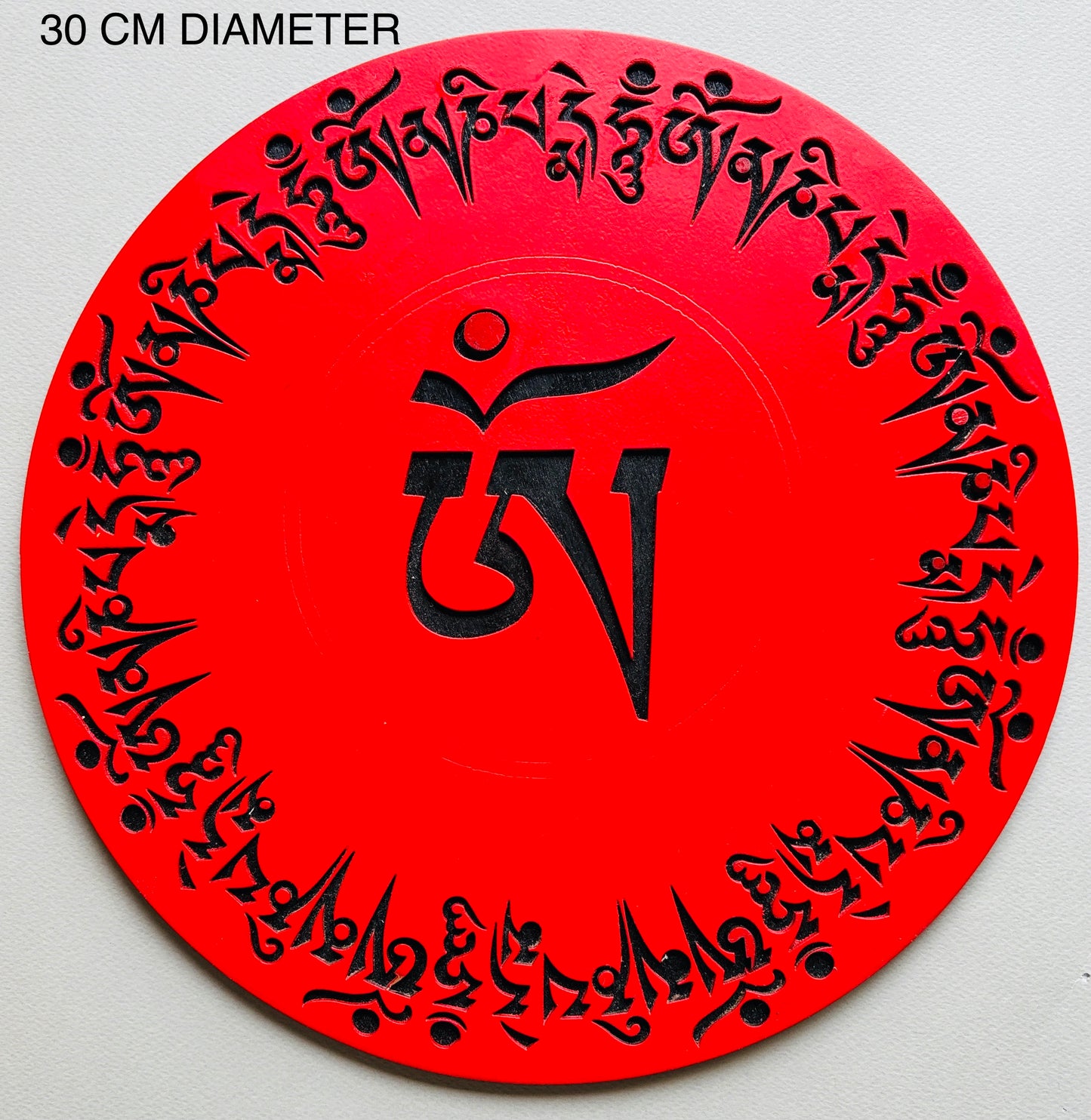 RED MANDALA WOODEN 30CM WITH THE SACRED MANTRA IN TIBETAN TEXT - A SYMBOL OF EASTERN SPIRITUALITY AND MYSTICISM GREAT GIFT FOR MEDITATION OR YOGA LOVERS